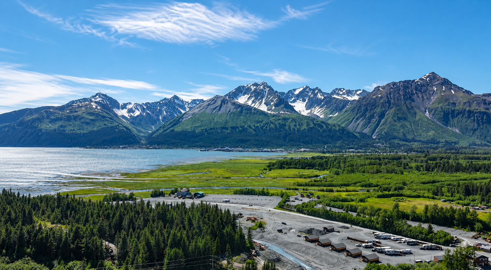 Panoramic view across Resurrection Bay toward the mountains and Riptide in Seward