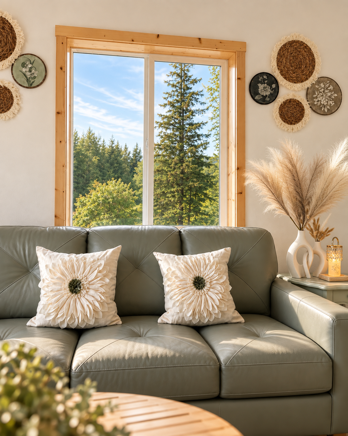 Resurrection Spa lounge with a sage couch, flower pillows, warm candlelight, and a view of the trees