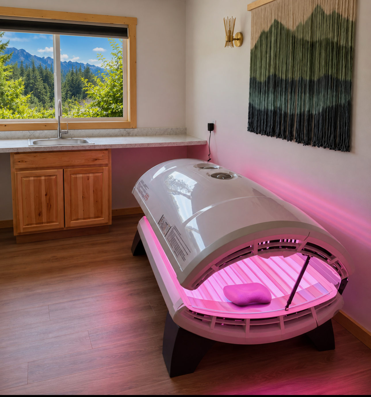 Pink-lit tanning bed in a private room with a mountain view