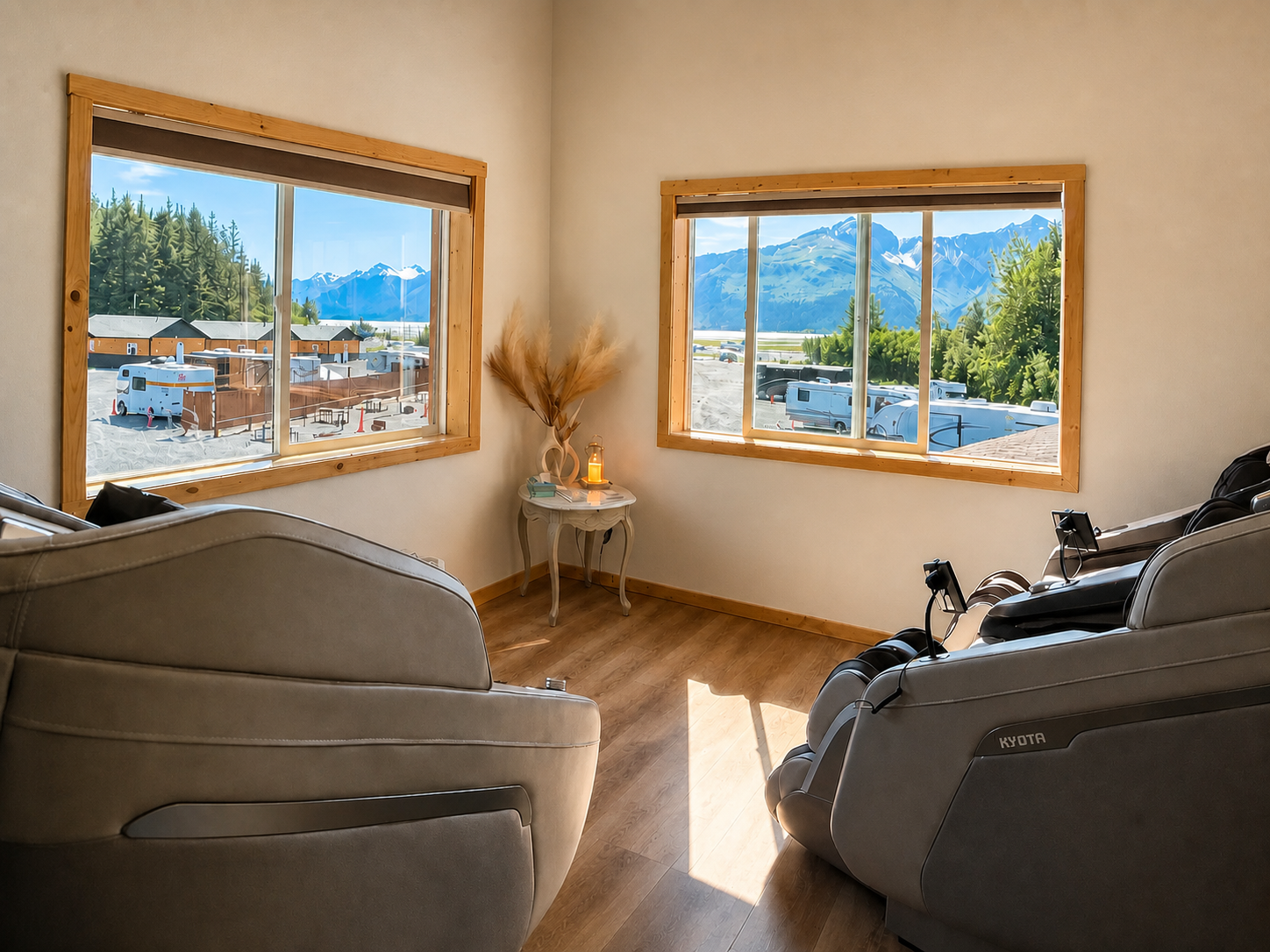 Zero-gravity massage chairs overlooking the mountains at Resurrection Spa