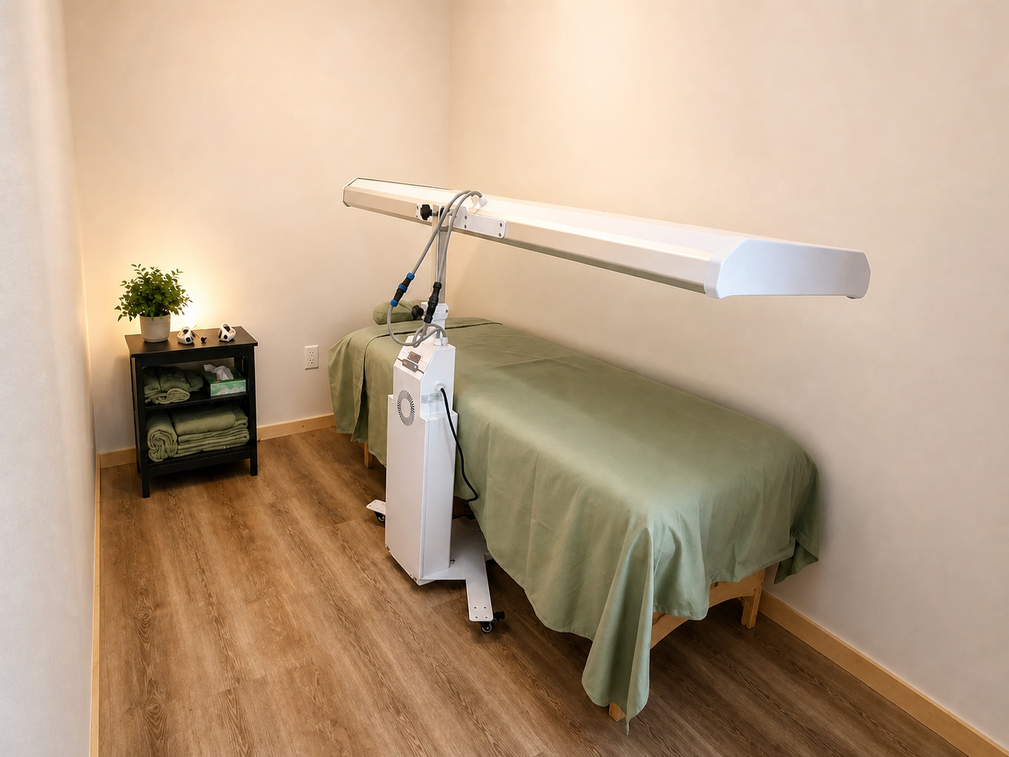 Red light therapy canopy in a private treatment room